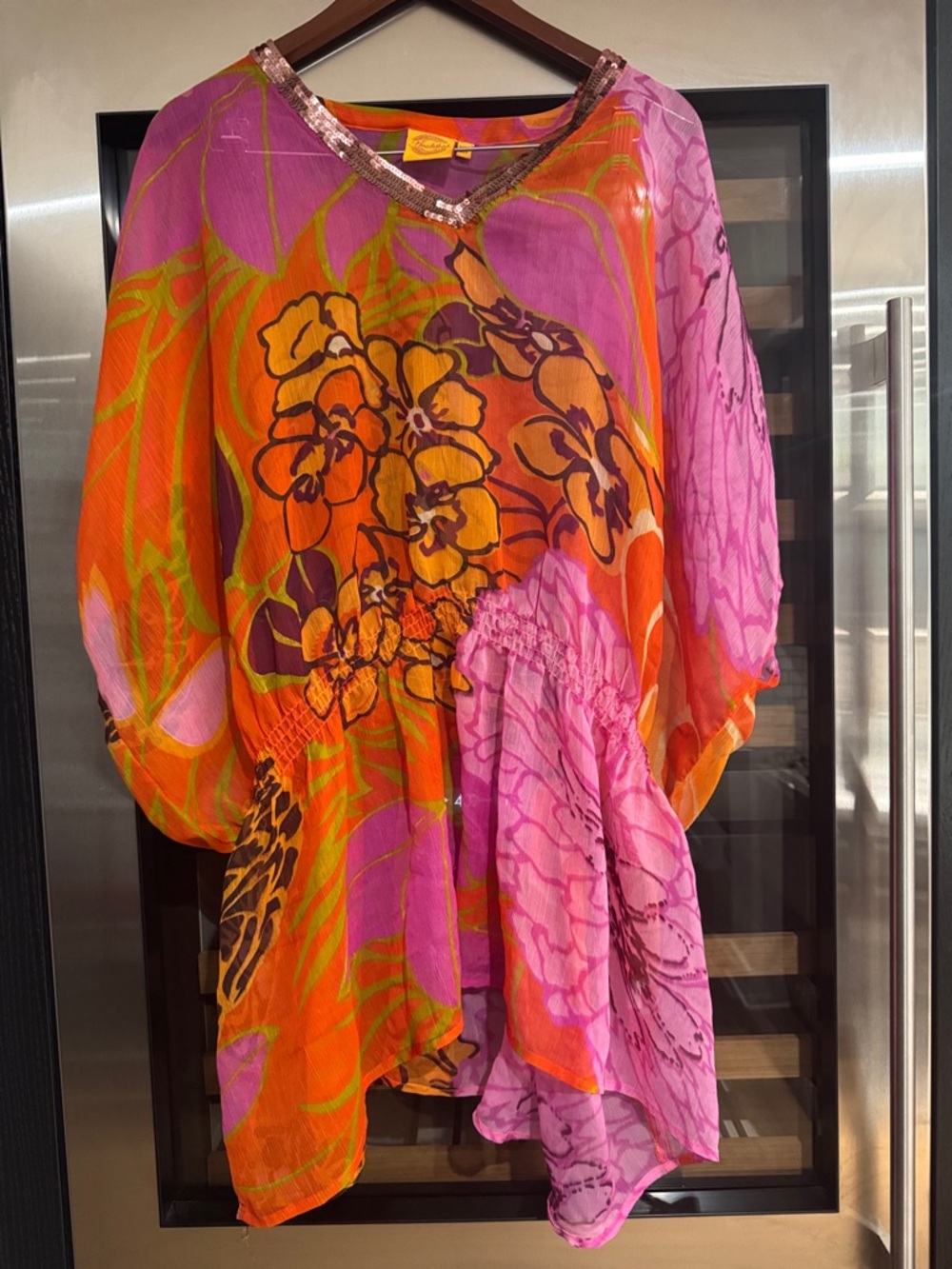 Anukshah Sheer Floral Kaftan Top Sequin Neck Resort Boho Tunic Free Size - Picture 2 of 4